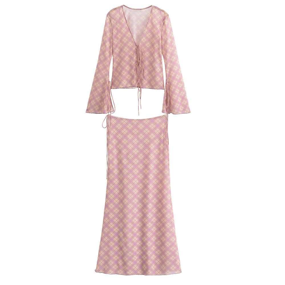 V-neck semi transparent top+silk mesh skirt set for women