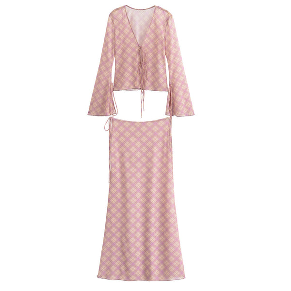 V-neck semi transparent top+silk mesh skirt set for women