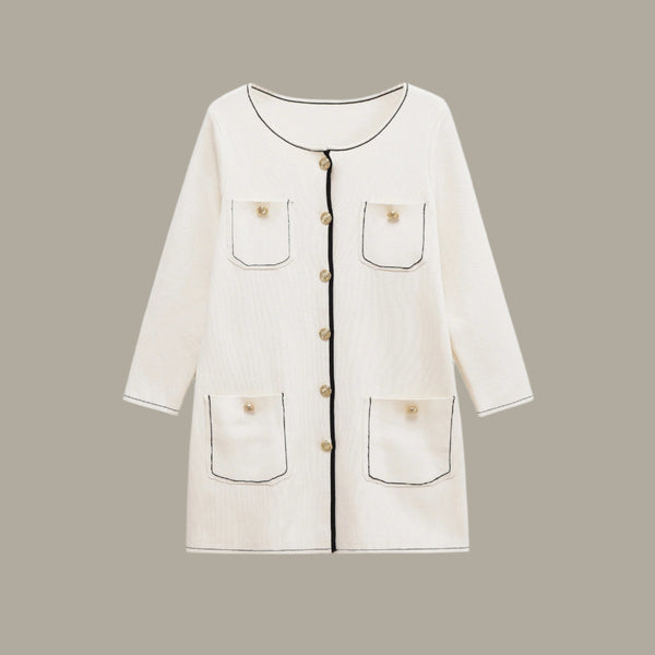 Women's European and American round neck long sleeved pocket embellished long jacket