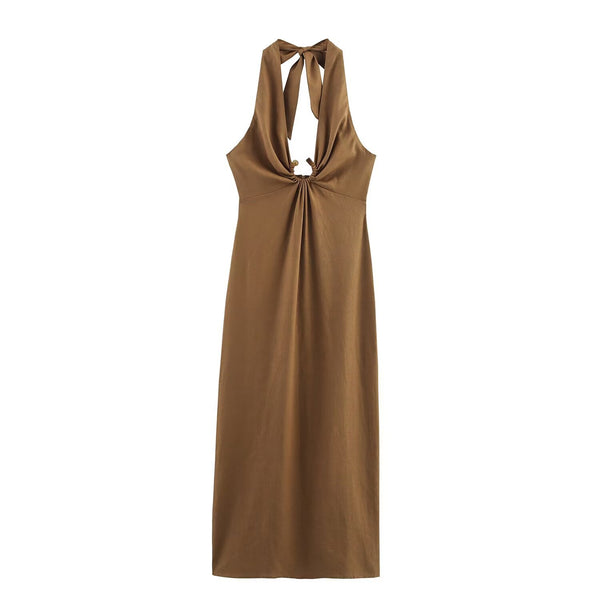 Wrinkled hollow hanging neck lace up dress for women