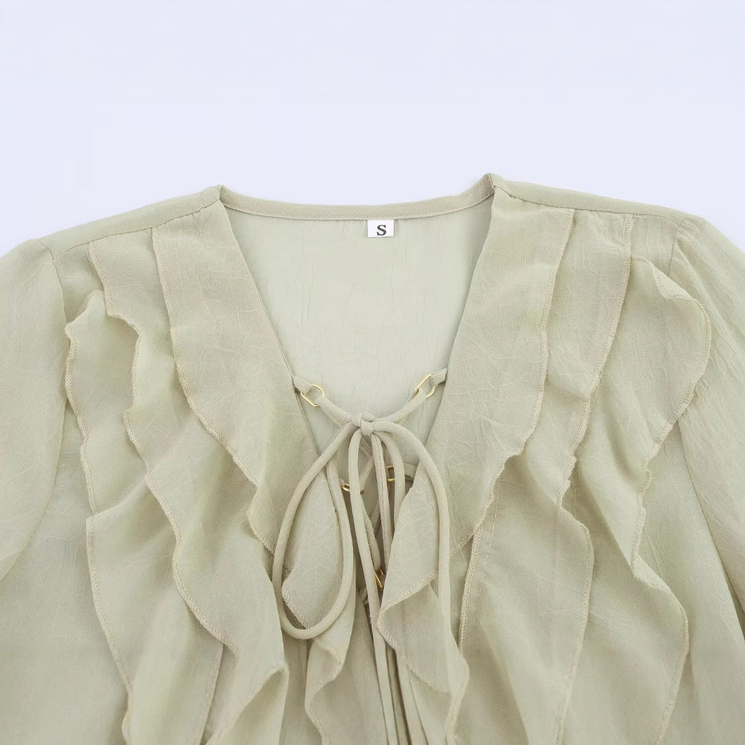 Fashionable layered lace up semi transparent shirt