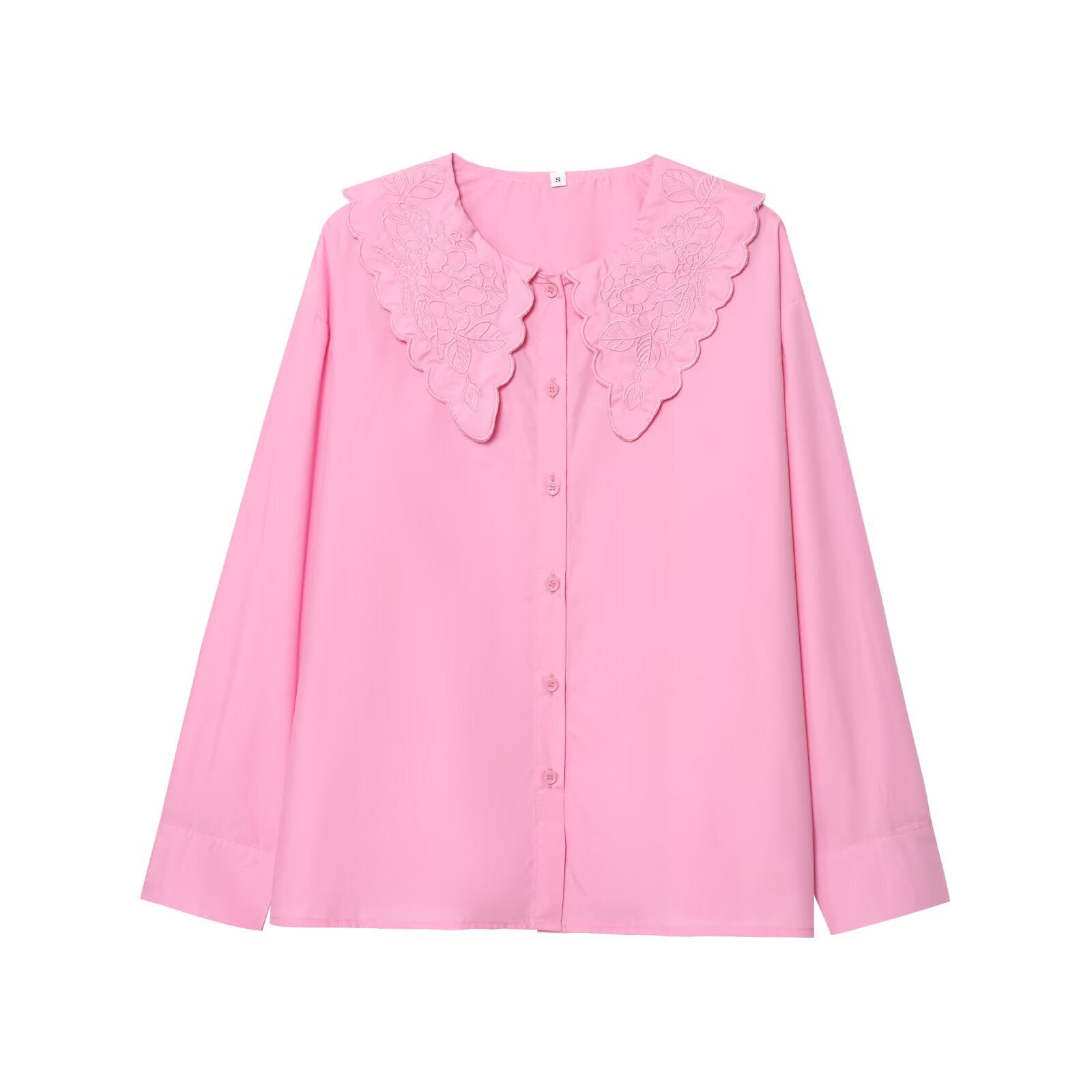 Doll collar single breasted long sleeved embroidered shirt top for women