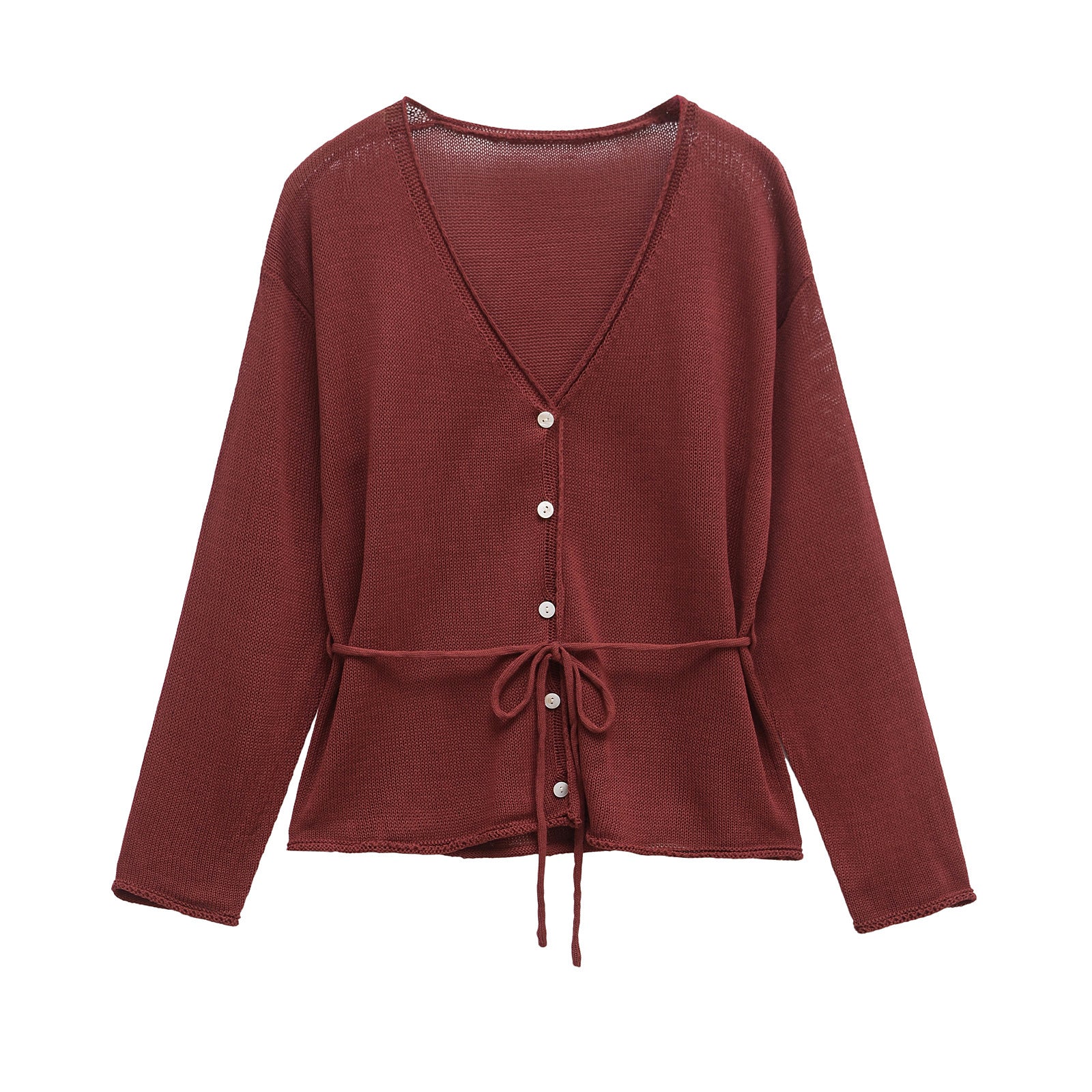 V-neck single breasted waistband tied knit jacket for women