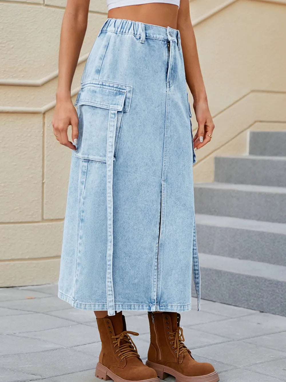 Water washed elastic waistband headband workwear half skirt trendy