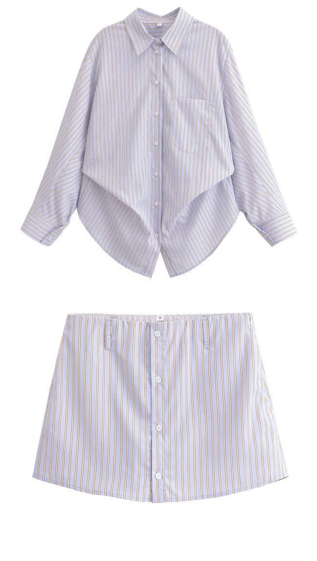 Loose silk striped shirt+short skirt set for women