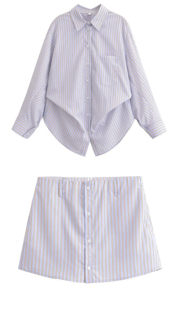 Loose silk striped shirt+short skirt set for women