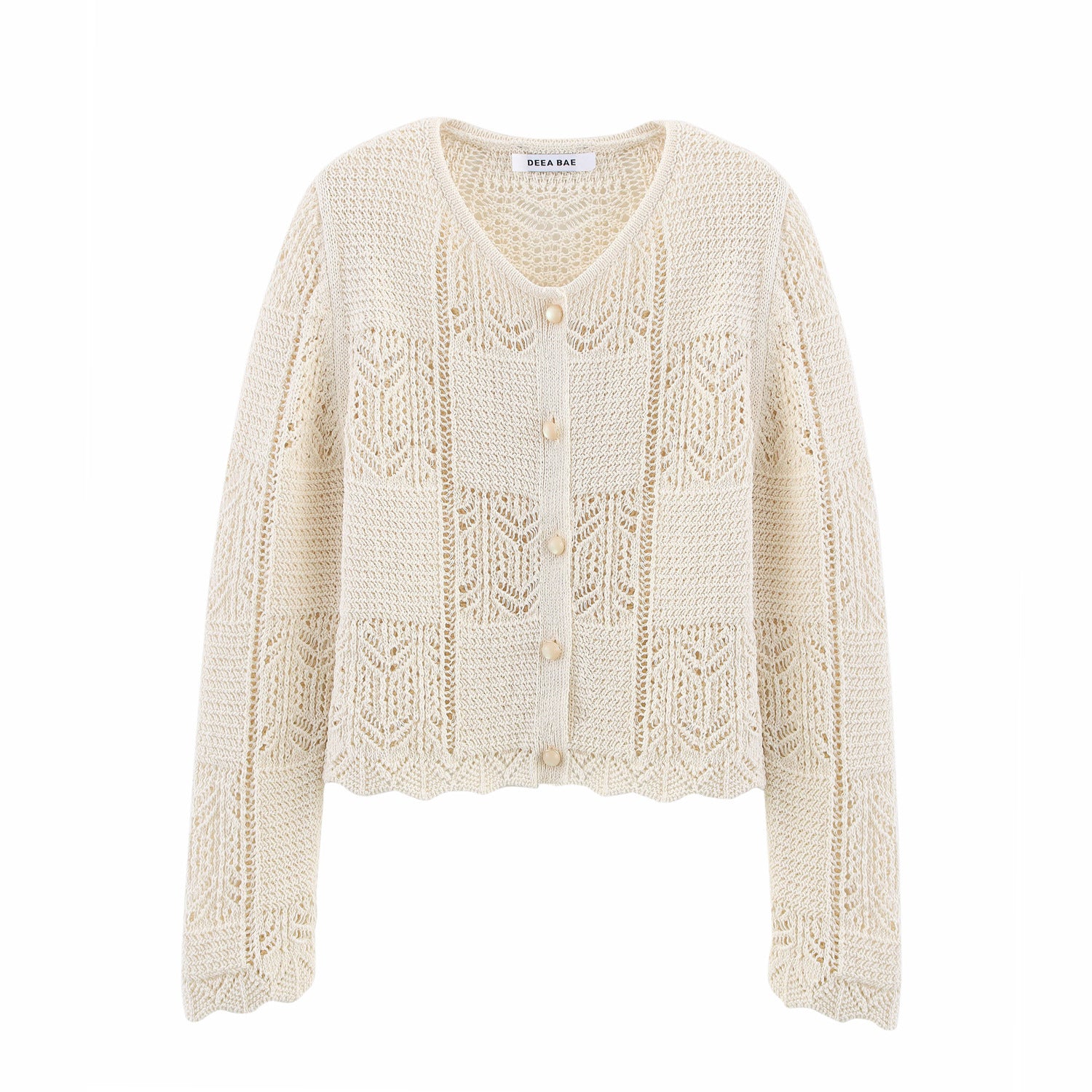 Round neck long sleeved jacquard mesh hollow knitted sweater jacket for women