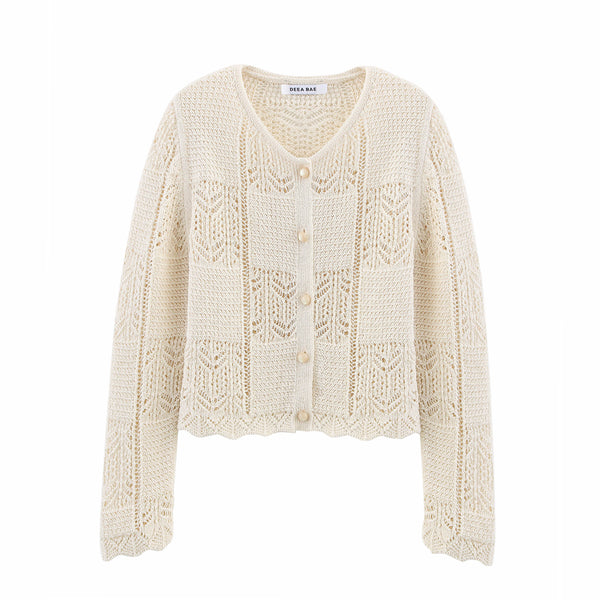 Round neck long sleeved jacquard mesh hollow knitted sweater jacket for women