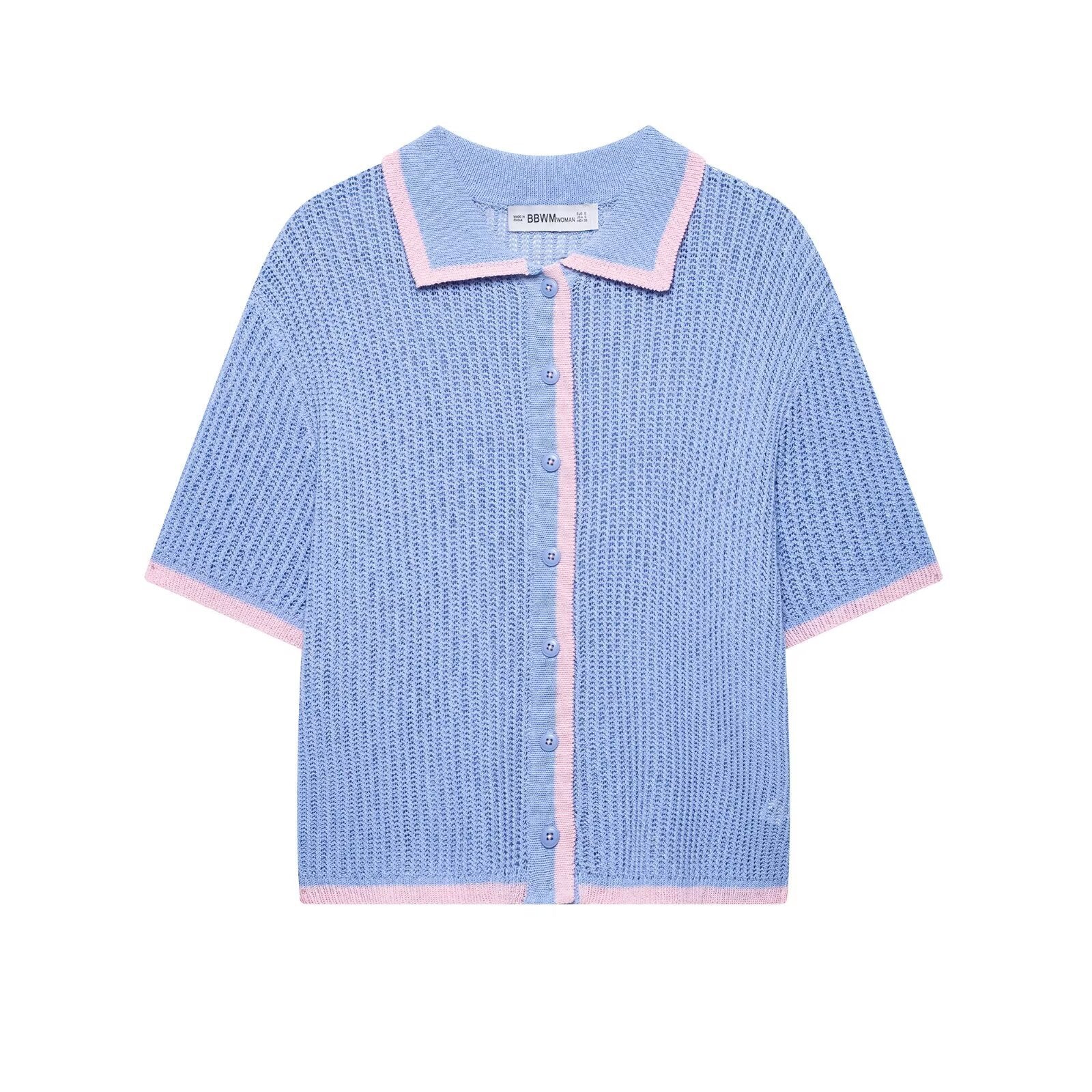 Color blocking knitted top+knitted shorts set for women