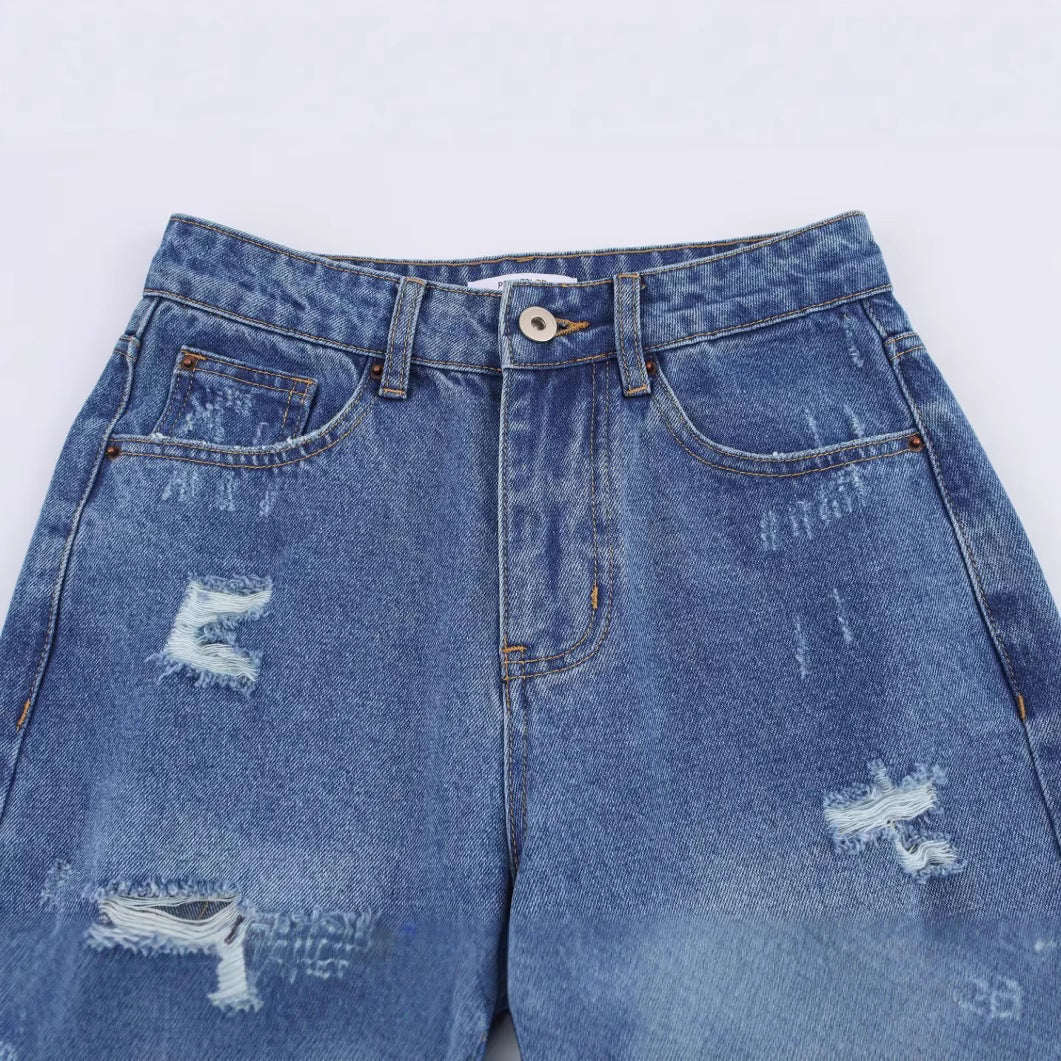 Versatile hole decoration wide leg jeans for women