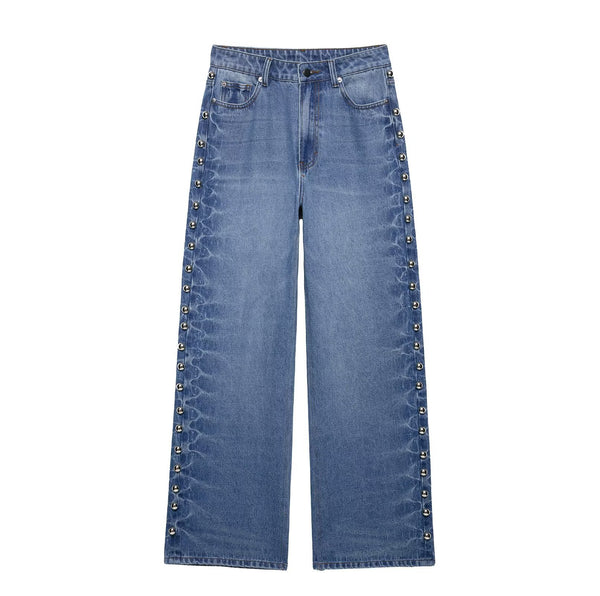 Side bead rivet decoration jeans for women