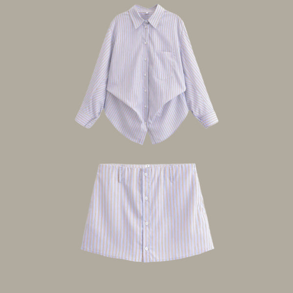 Loose silk striped shirt+short skirt set for women