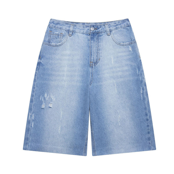 Broken hole decoration loose casual denim shorts for women