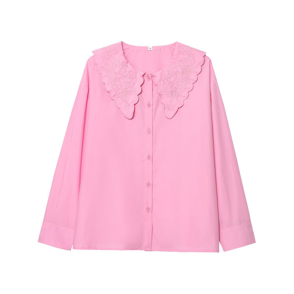 Doll collar single breasted long sleeved embroidered shirt top for women