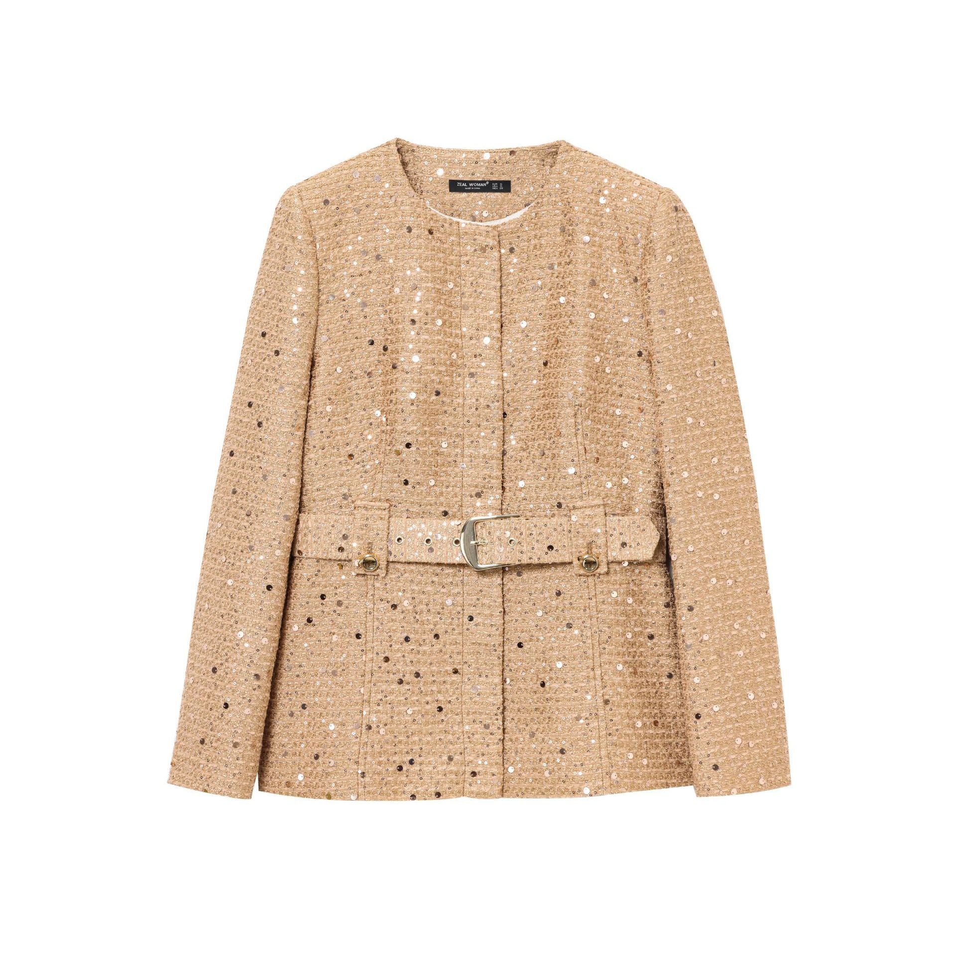 Round neck with belt pearl embellishment suit jacket for women