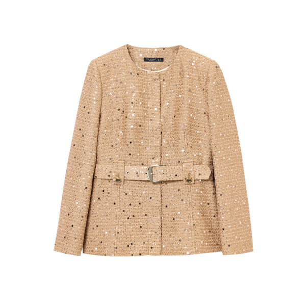 Round neck with belt pearl embellishment suit jacket for women