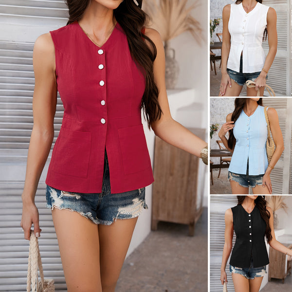 Vacation style button up cardigan solid color sleeveless top women's vest