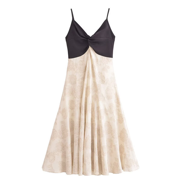 Color blocking patchwork waist cinching backless suspender dress for women