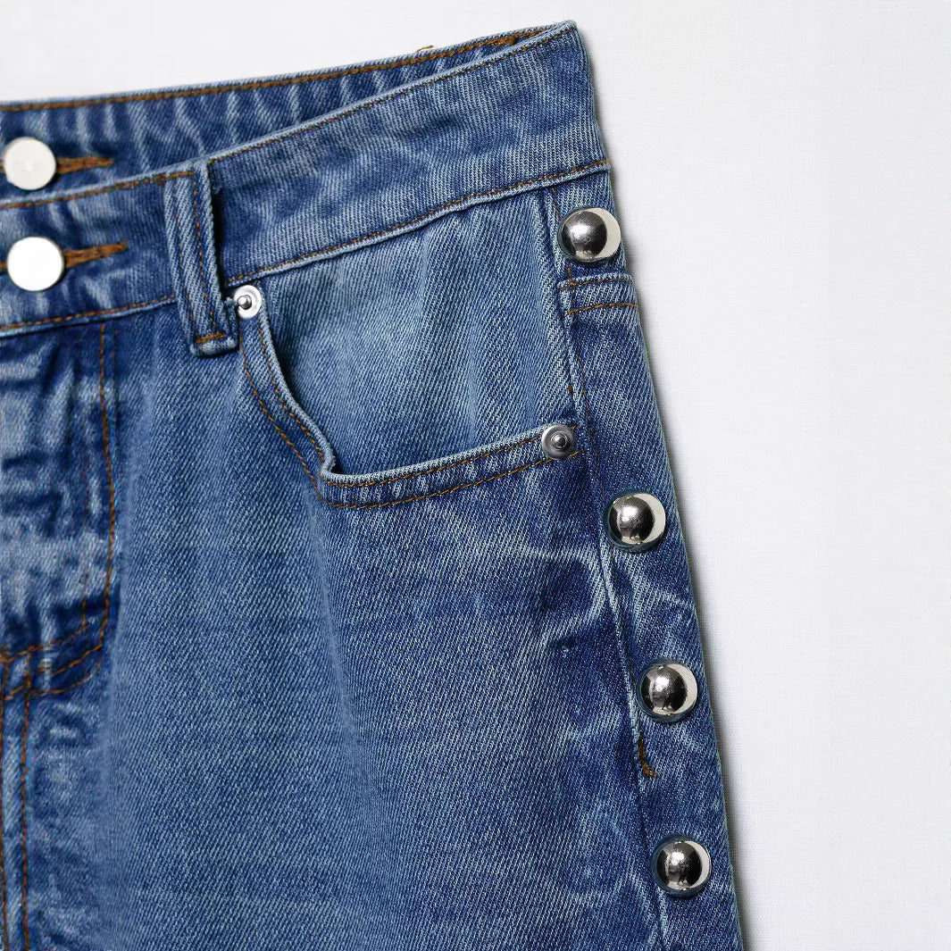 Side bead rivet decoration jeans for women