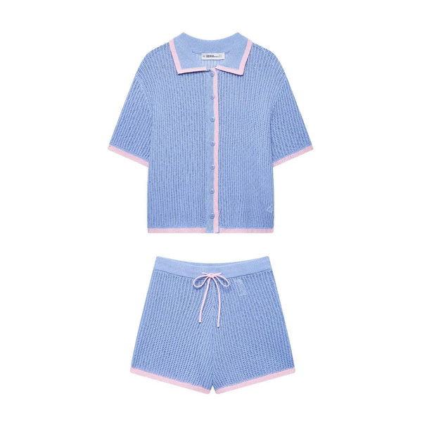 Color blocking knitted top+knitted shorts set for women