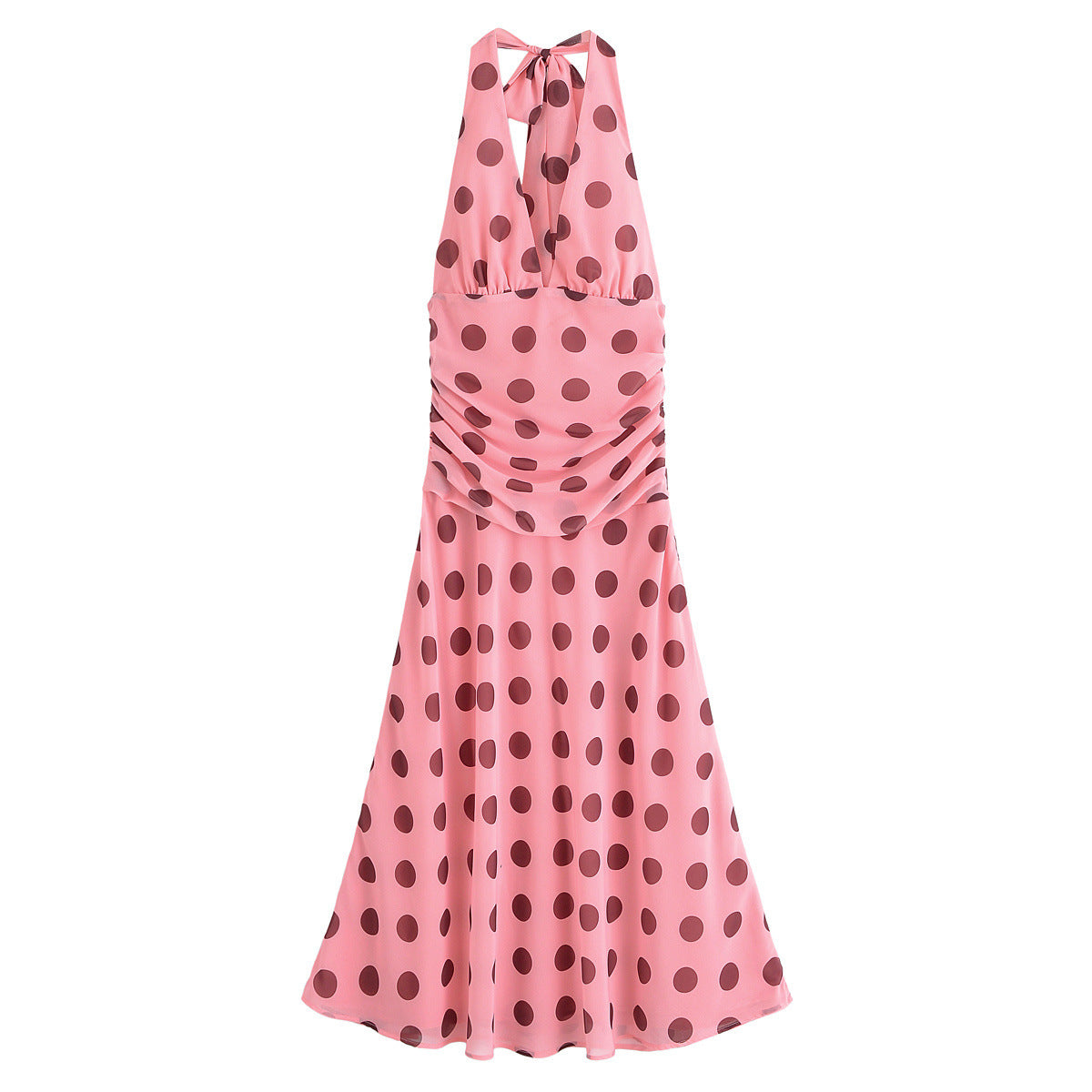 Women's European and American style backless hanging neck pleated long polka dot dress