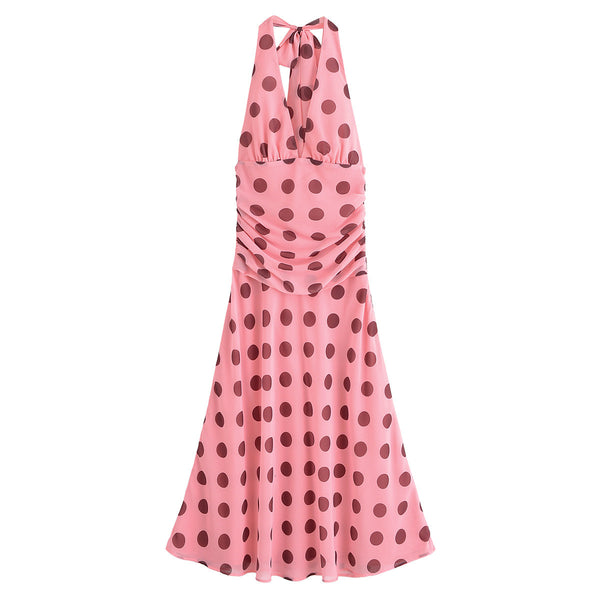Women's European and American style backless hanging neck pleated long polka dot dress