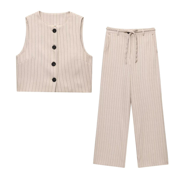 Women's European and American style striped short vest+woven waistband pants set