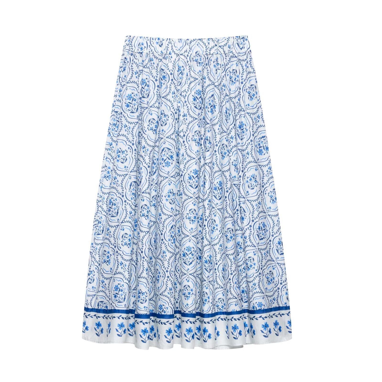 Elastic waisted printed mid length skirt for women