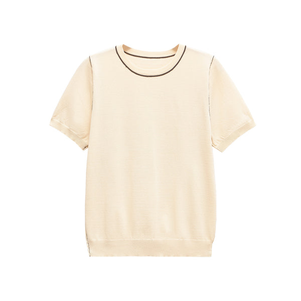 Round neck short sleeved border knit T-shirt top for women