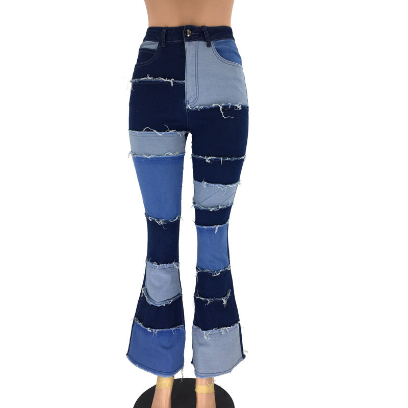 European and American autumn new fashion color blocking patchwork high waist tight hip horn women's denim pants