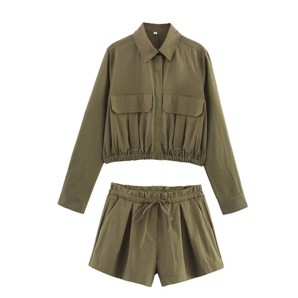 Pocket embellished short shirt+shorts set for women