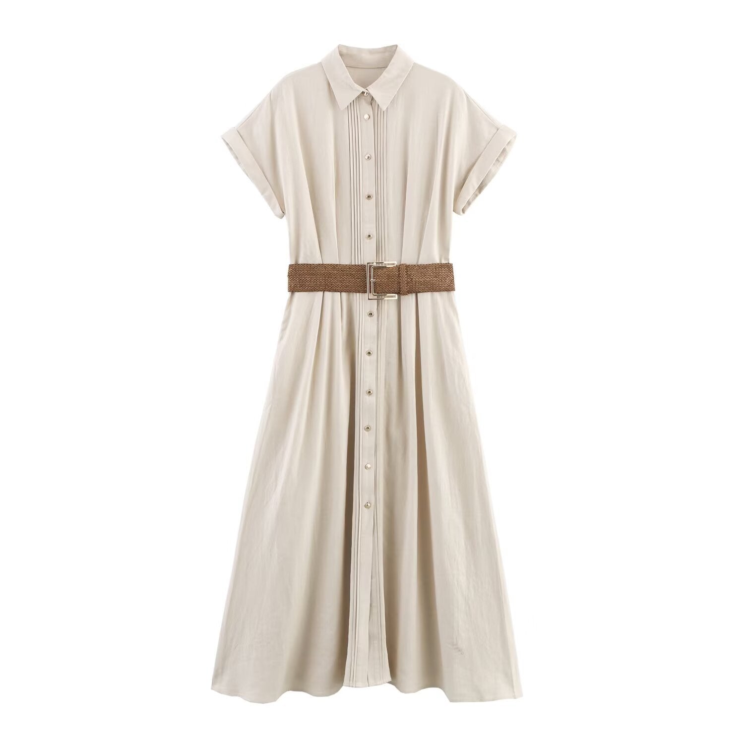 Flip collar short sleeved belt MIDI dress for women