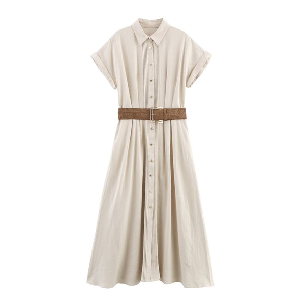 Flip collar short sleeved belt MIDI dress for women