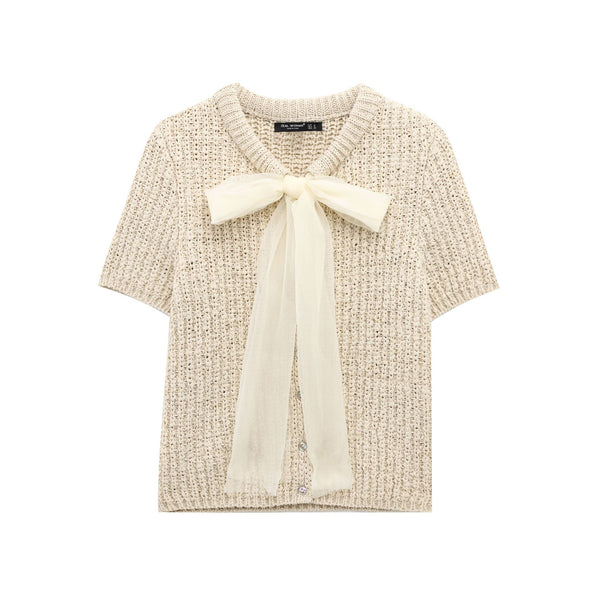 Round neck short sleeved stiff yarn bow decoration knitted T-shirt top for women