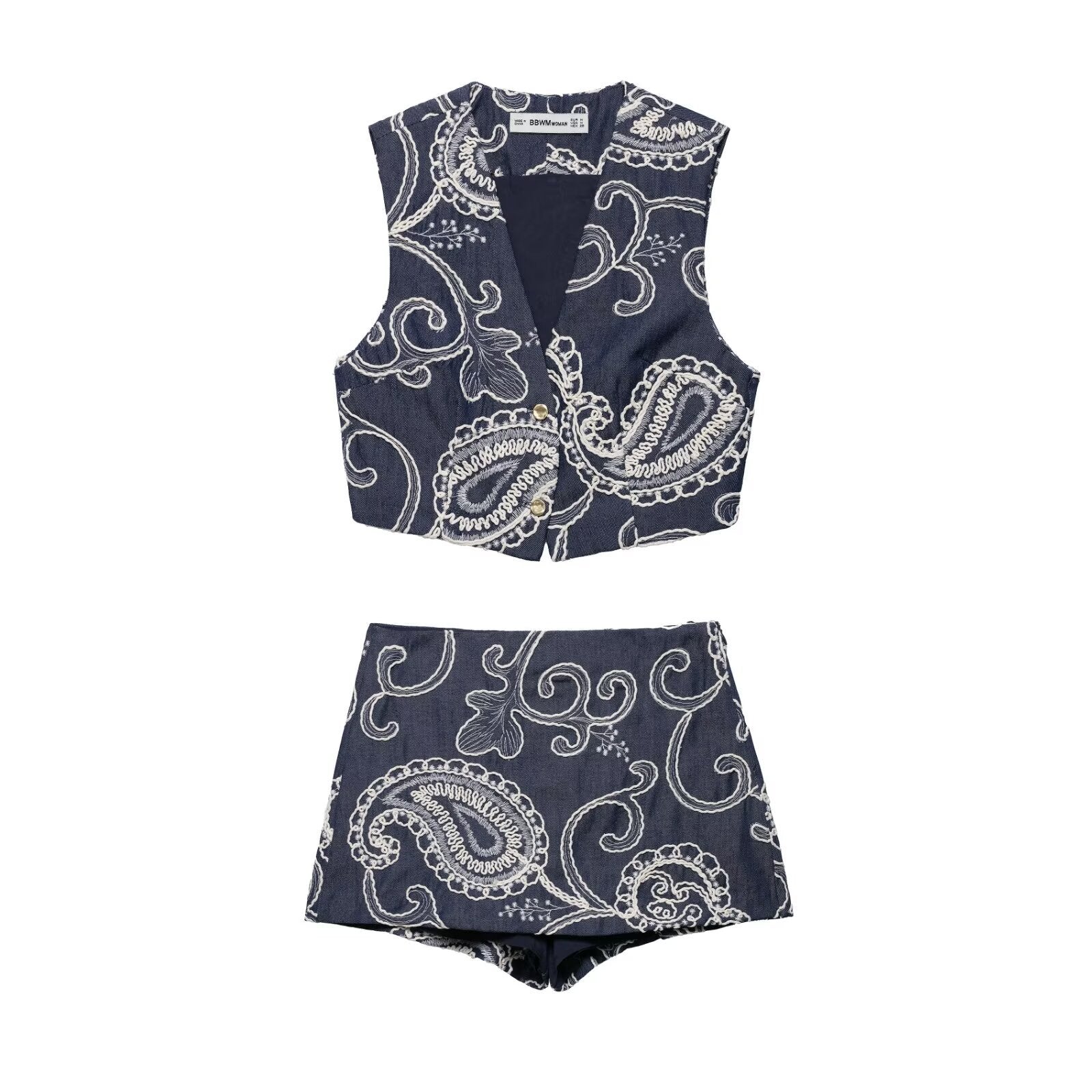Women's European and American style embroidered short vest+embroidered skirt pants set