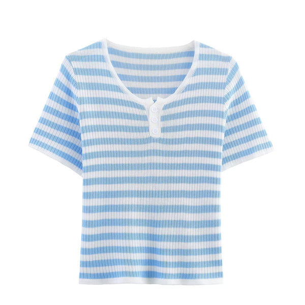 Women's European and American round neck short sleeved striped T-shirt top