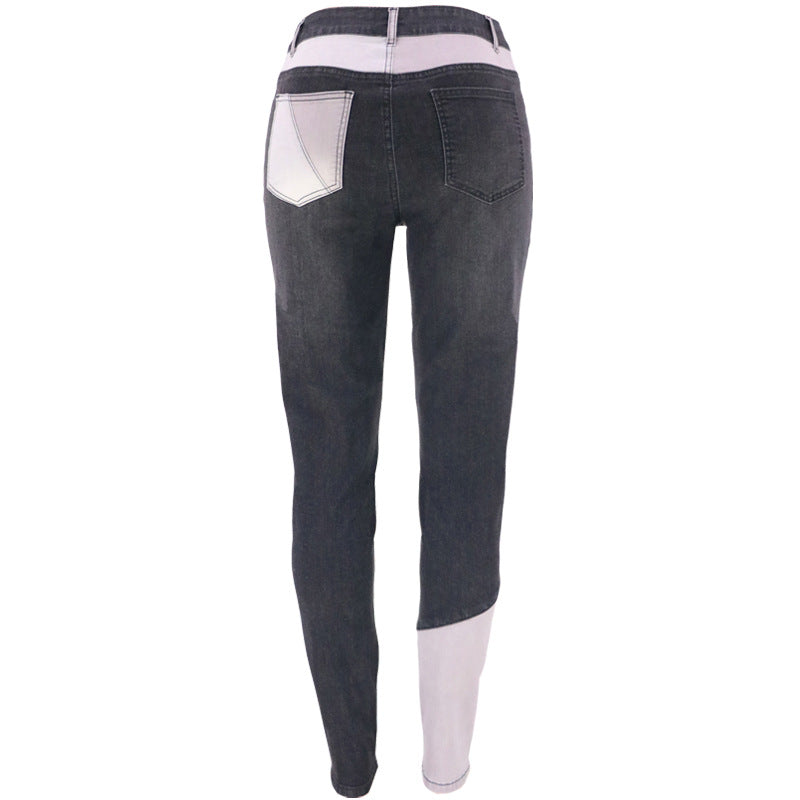 Autumn new blue and black two-color splicing trendy cotton washed denim high waisted plus size women's clothing