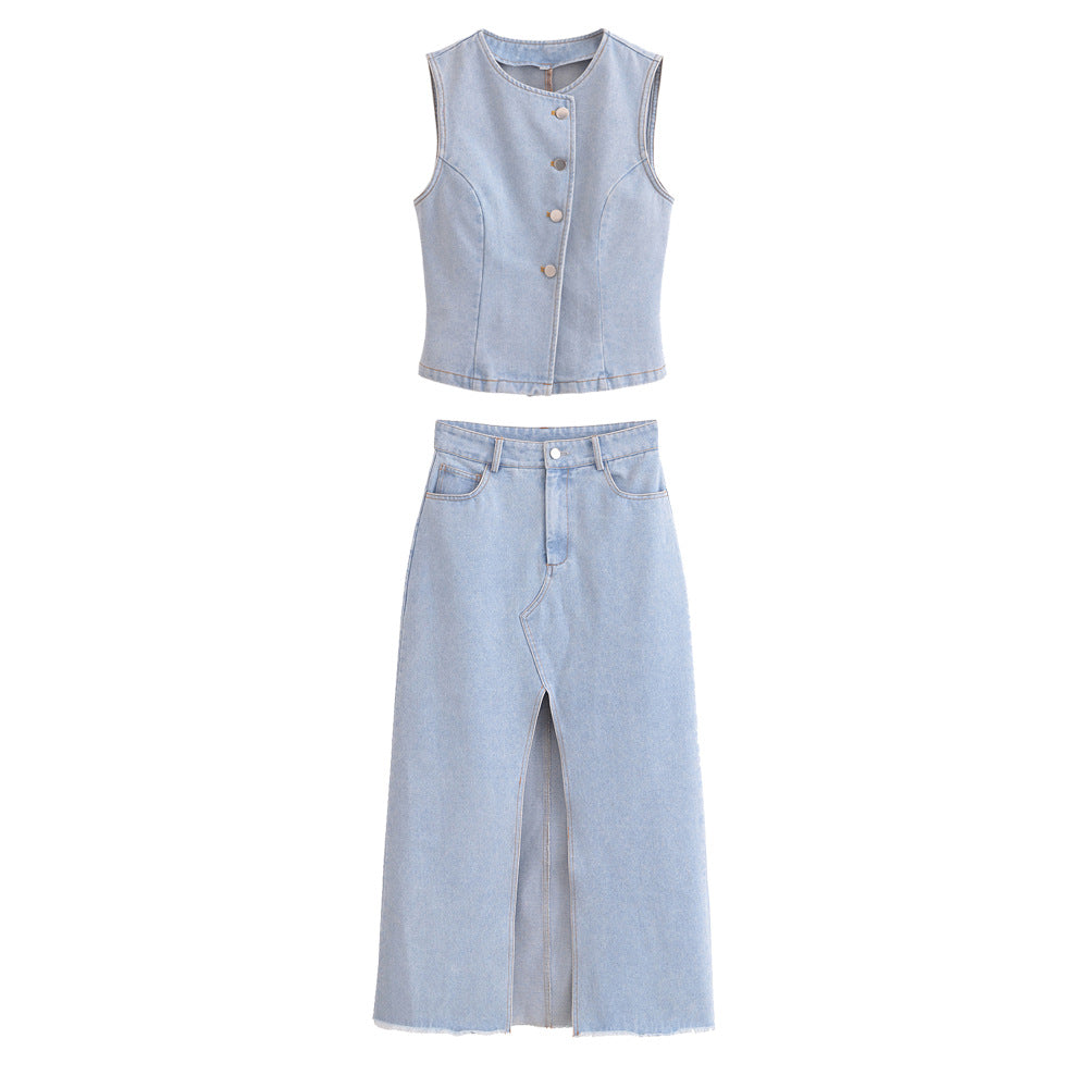 Cowboy vest+denim skirt set for women