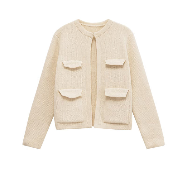 Women's European and American style pocket decoration round neck long sleeved jacket