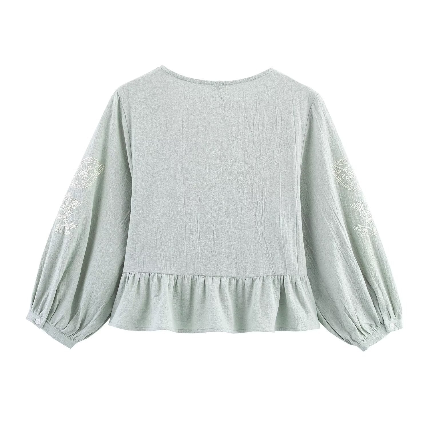 V-neck lantern sleeves embroidered lace up shirt top for women
