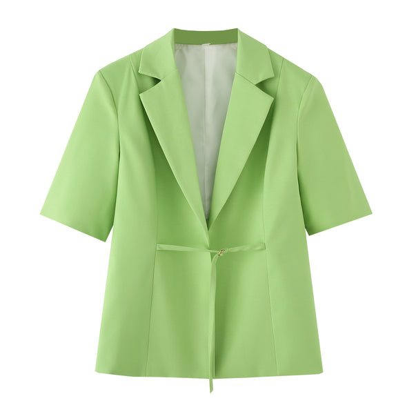 Collar short sleeved waist cinching tie slim fit suit jacket for women