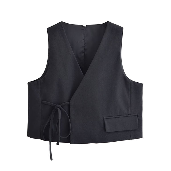 V-neck sleeveless lace up loose vest jacket for women