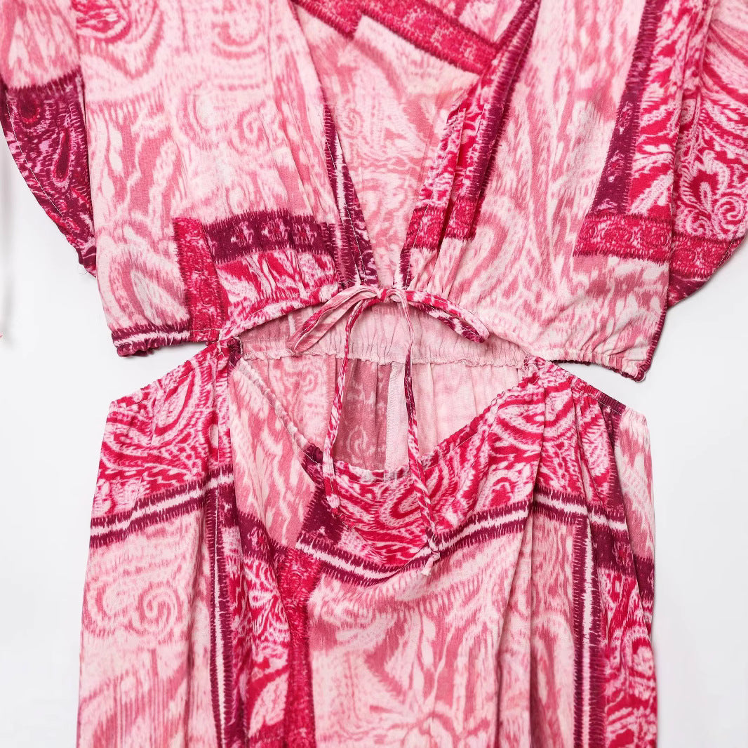 Women's European and American V-neck sleeveless waist hollow out dress