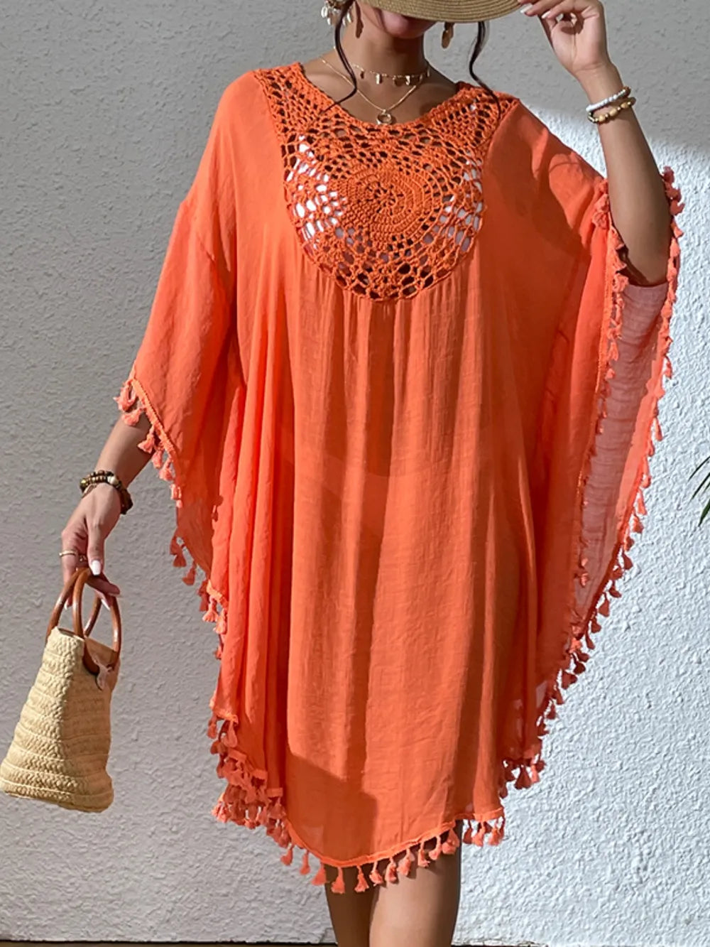Beach Hoodie Hook Flower Splicing Tassel Swimsuit Bikini Outfit