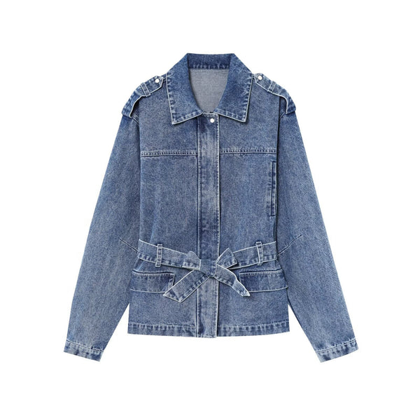 Waist tied long sleeved denim jacket top for women