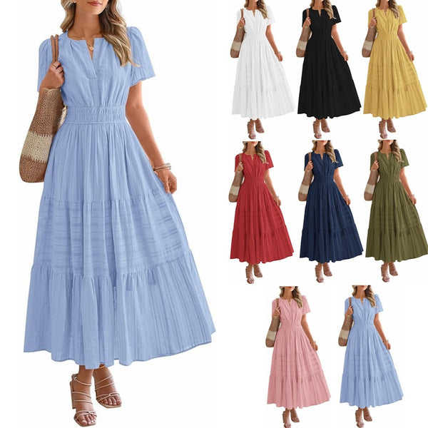 V-neck pleated bubble sleeves large swing short sleeved dress