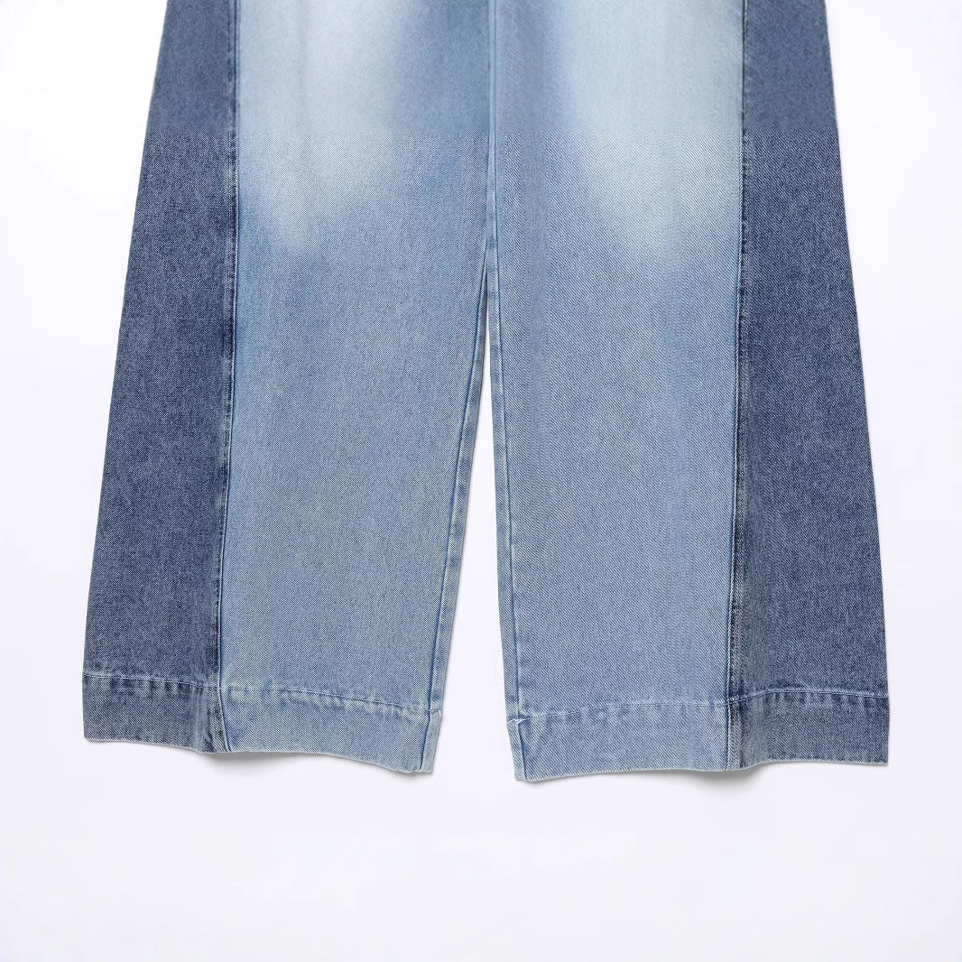 European and American style loose casual wide leg color blocked denim wide leg pants for women