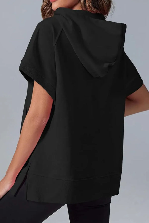 Solid color casual short sleeved hooded sweatshirt