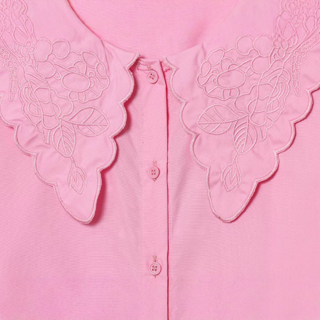 Doll collar single breasted long sleeved embroidered shirt top for women
