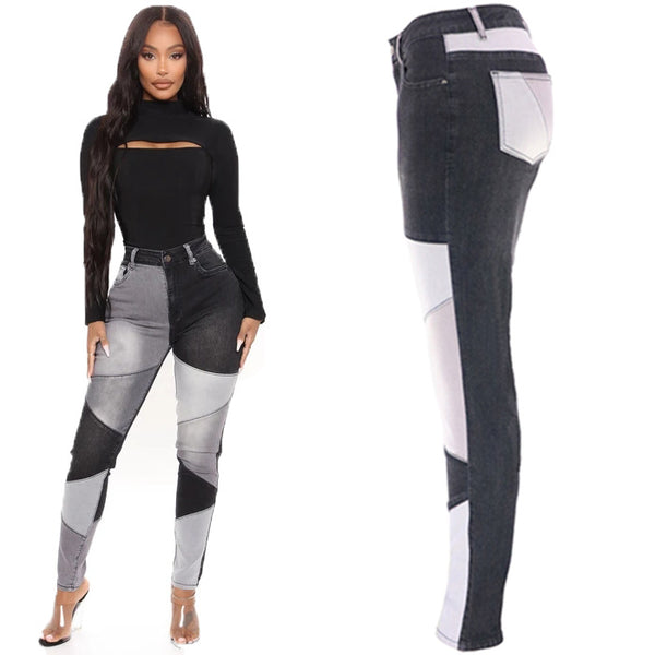 Autumn new blue and black two-color splicing trendy cotton washed denim high waisted plus size women's clothing